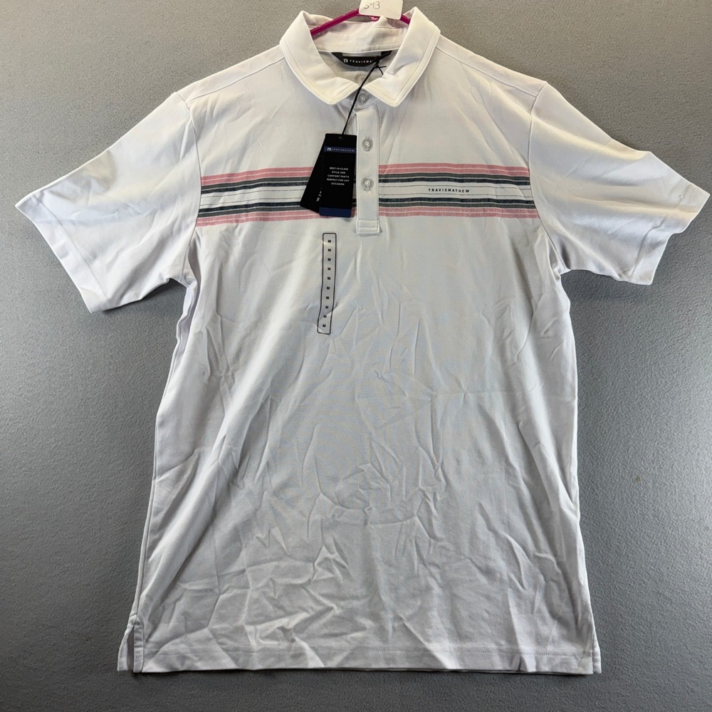 TravisMathew Beach Way Mens Polo Shirt White Pink Stripe 1MAA817 Size M‎ NWT
